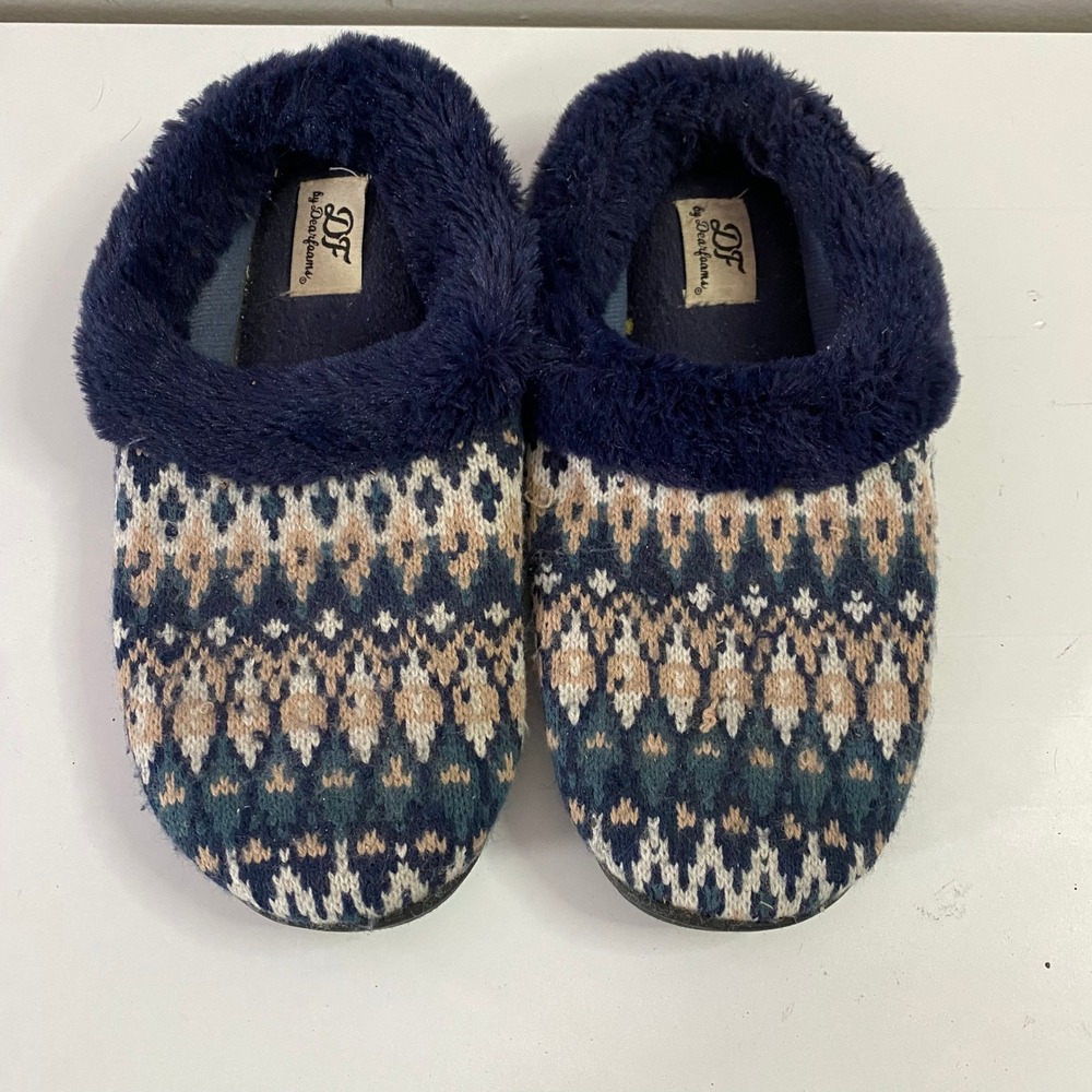 Dearfoams Fair Isle Knit Clog Slippers Womens Medium 7-8 Blue Cozy‎ Fur
